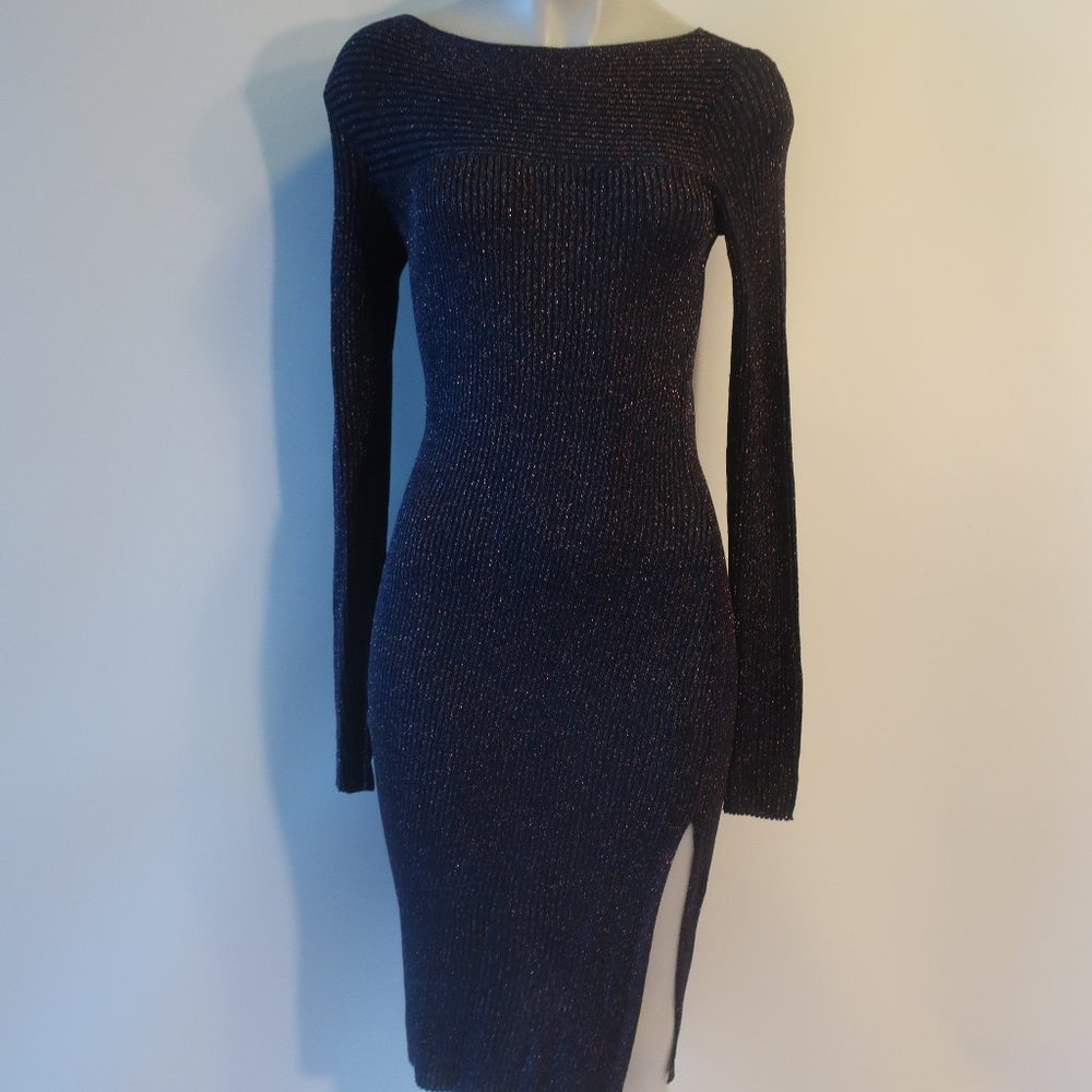 NWT Womens BCBG Max Azria Carlene Blue Metallic Ribbed Knit Bodycon Dress S *